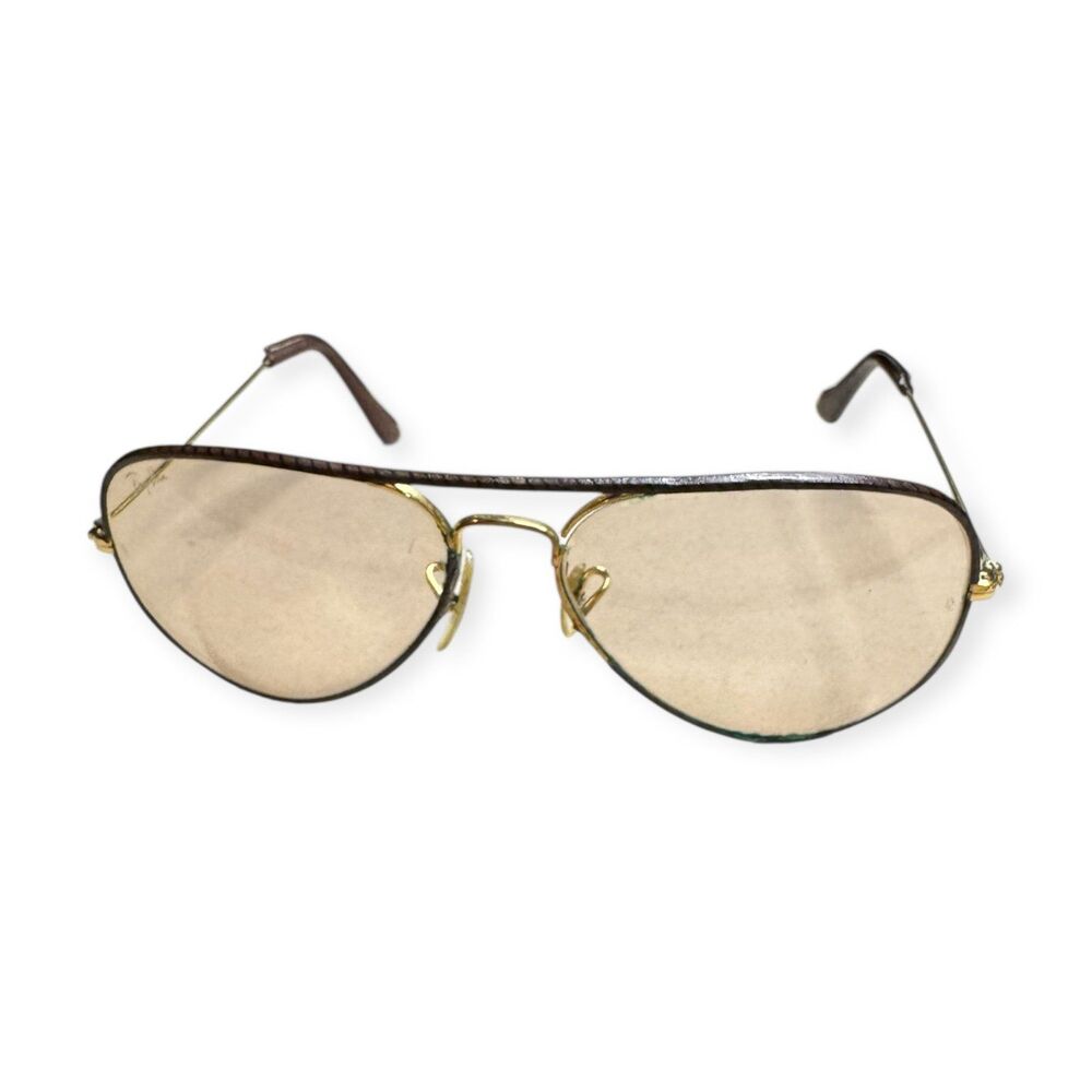 Ray-Ban B&L Leather Aviator Sunglasses Gold/Brown Self Darkening‎ Lens Rare VTG